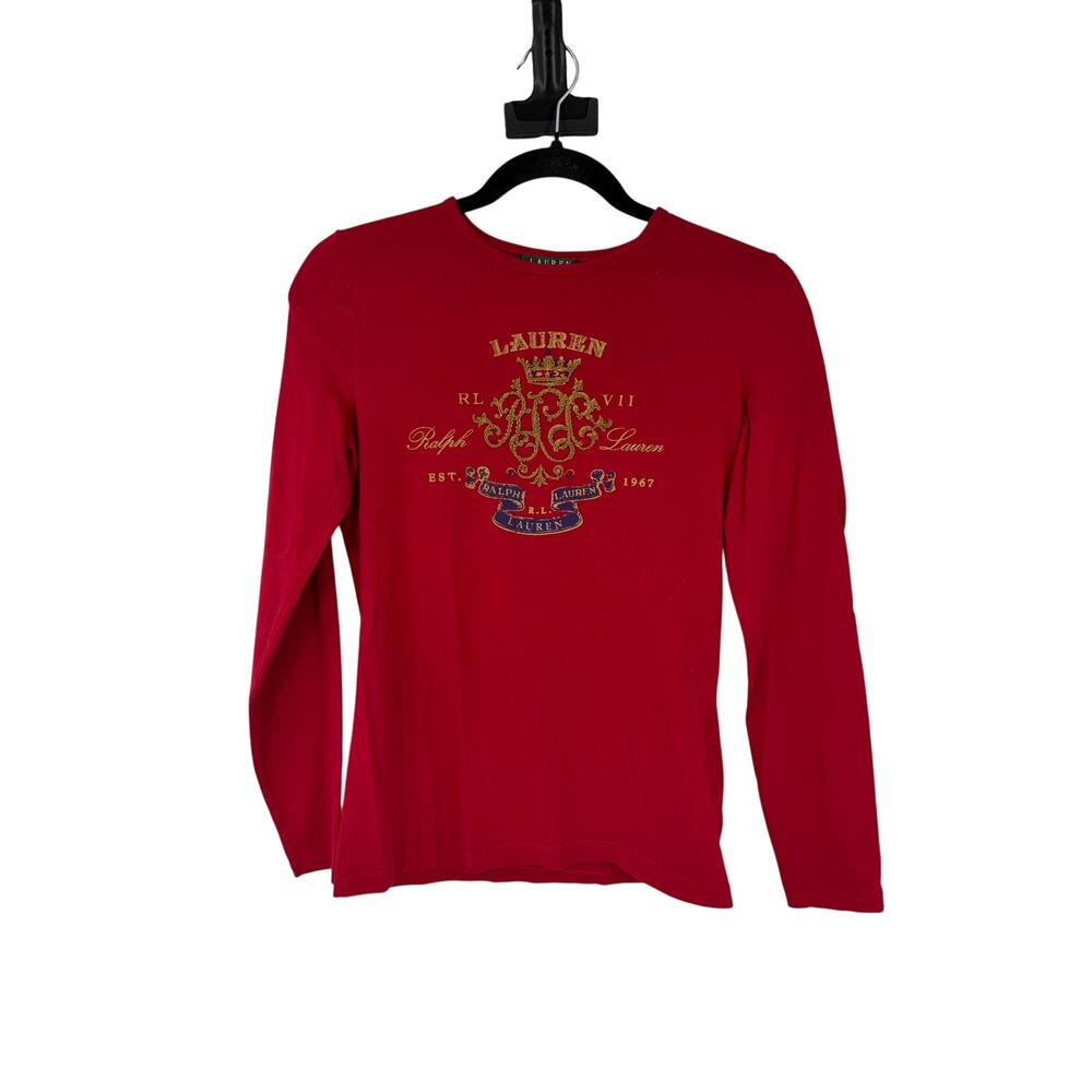 Vintage Ralph Lauren Womens S Beaded Embroidered Logo Top Red Long Sleeve Cotton